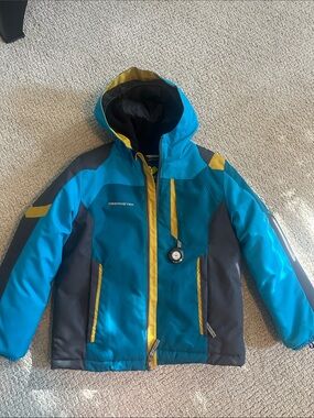 Obermeyer Teal & Yellow Hooded Puffer Jacket for Kids